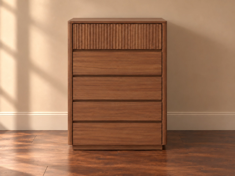 A wooden five-drawer dresser with a textured fluted top drawer.