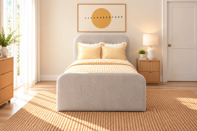 A bright bedroom with a grey upholstered bed, yellow gingham bedding, a framed abstract art print, and a large woven rug with sunlight streaming in.