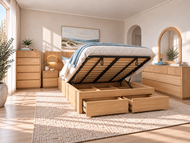 A light wood bed frame with its mattress lifted, revealing under-bed storage and two drawers pulled out, in a bright bedroom with matching wooden furniture.