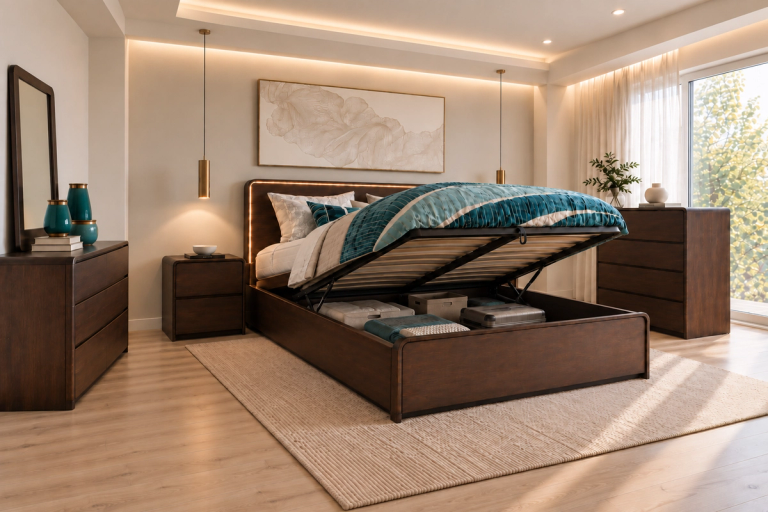 A modern bedroom features a brown lift-up storage bed, open to reveal items, flanked by matching nightstands and dressers.