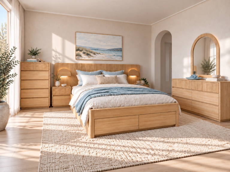 A sunny bedroom furnished with a light wood bed, dresser, and chest, a textured rug, and a beach artwork.