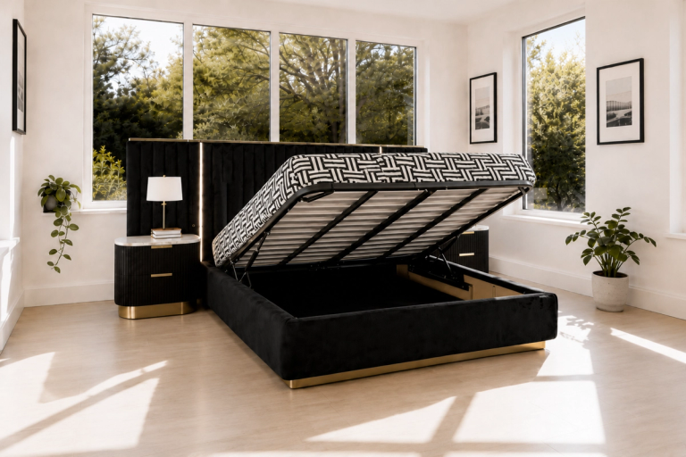 Zara gas-lift bed in upholstered fabric with panelled LED headboard, shown in a full bedroom setting with timber accents