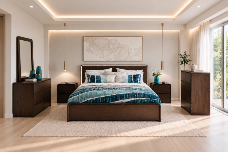 A stylish bedroom with dark wood furniture, blue and white bedding, abstract art, and large windows.