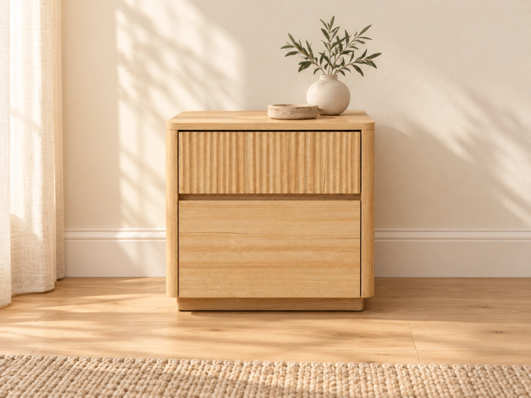 Light wood bedside table with a fluted top drawer, topped with a vase of leaves and a bowl.