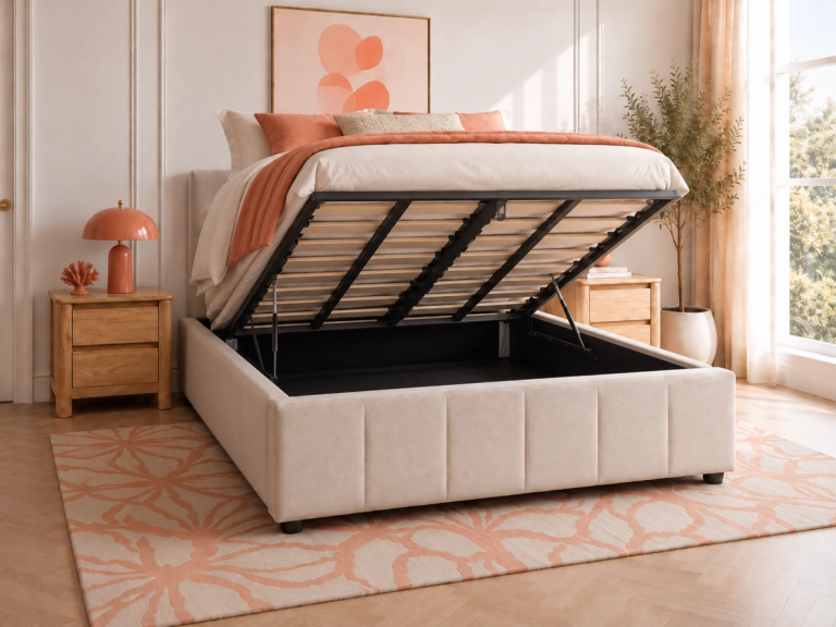 A light-colored upholstered ottoman storage bed with the mattress lifted to reveal its spacious internal compartment in a bedroom.
