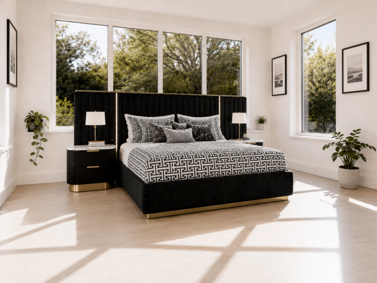 A modern bedroom with a black velvet bed, tall fluted headboard with gold accents, geometric pattern bedding, and large windows.