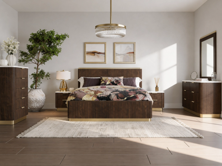 A modern bedroom featuring dark wood and brass furniture with white marble tops, including a bed with a floral comforter, two nightstands, a dresser, and a tall chest of drawers, alongside a large plant and a light rug.