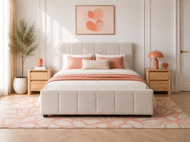A modern bedroom with a beige upholstered bed, peach and coral accents, wooden nightstands, a floral patterned rug, and abstract wall art.