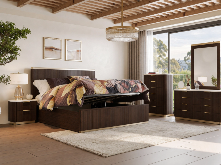 A modern dark wood bedroom set with brass accents and white marble tops, featuring a storage bed with the mattress lifted, a nightstand, a tall dresser, and a long dresser with a mirror, in a room with a large window.