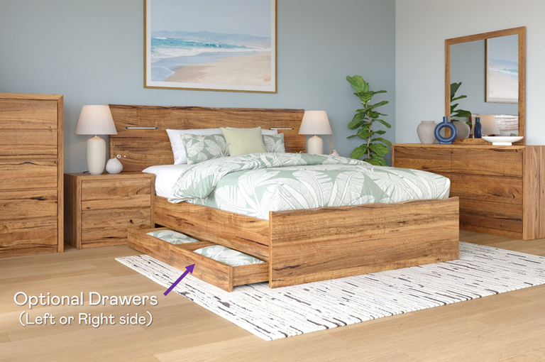 A light wood bedroom set with a bed showing an open under-bed storage drawer, two matching nightstands, a tall dresser, and a wide dresser with a mirror.