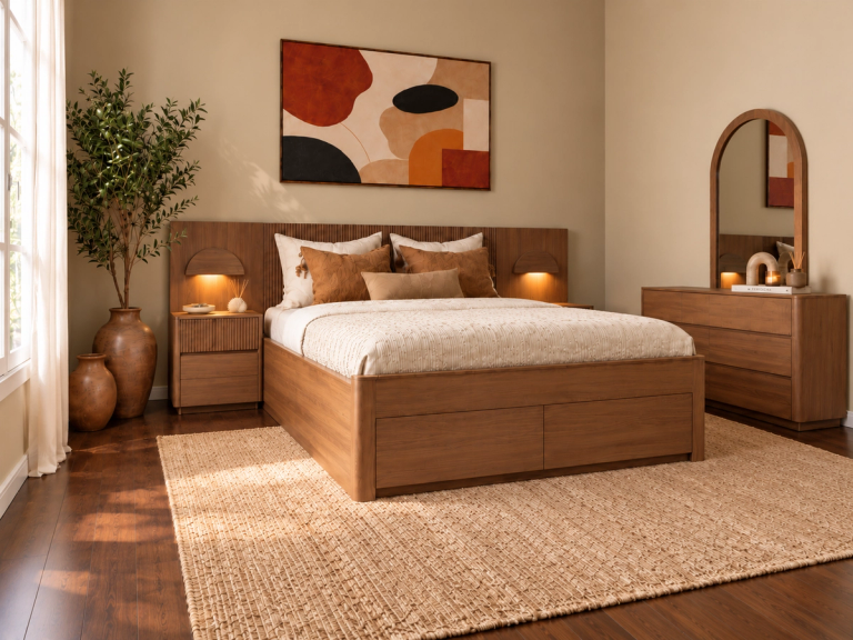 A modern bedroom decorated in earthy tones, featuring a wooden bed with storage, matching nightstands with lights, a dresser with an arched mirror, abstract art, a large plant, and a woven rug.