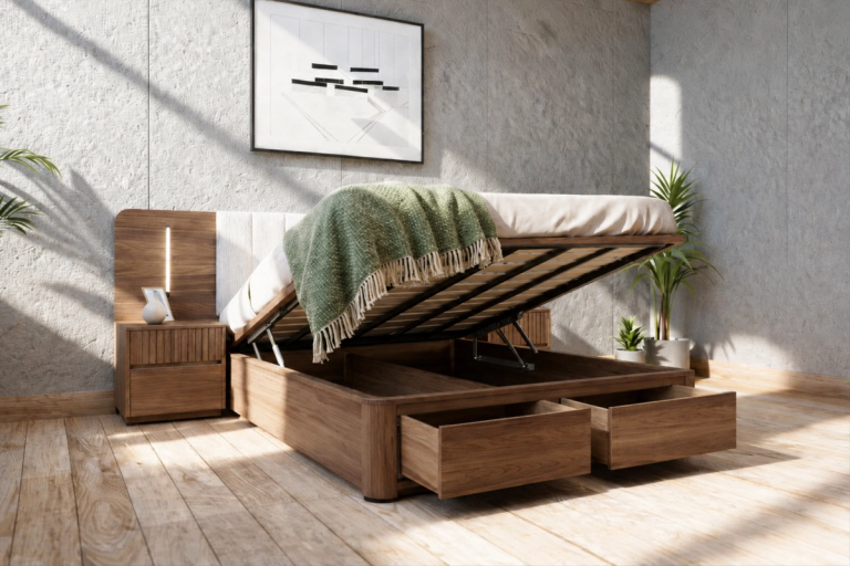A modern wooden storage bed with the mattress lifted and two drawers open, beside a matching nightstand with an LED light.