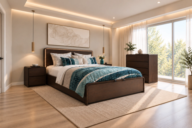 A modern bedroom with a dark wood bed frame, lighted headboard, blue and teal bedding, matching dark nightstands and dresser, and a large window overlooking trees.