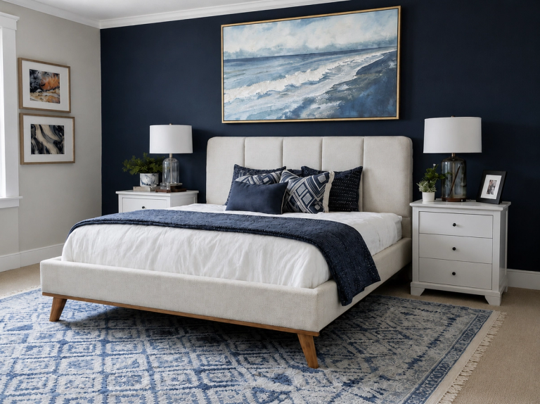 A stylish bedroom with a cream upholstered bed, navy blue accent wall, ocean art, and a blue patterned rug.