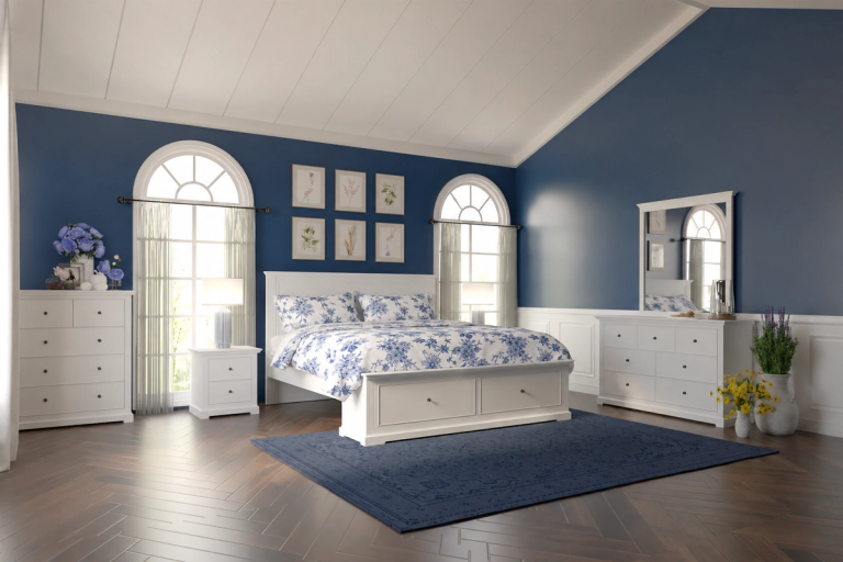 A blue and white bedroom with a white storage bed featuring blue floral bedding, a dresser with mirror, and a chest of drawers, against deep blue walls and a sloped white ceiling.