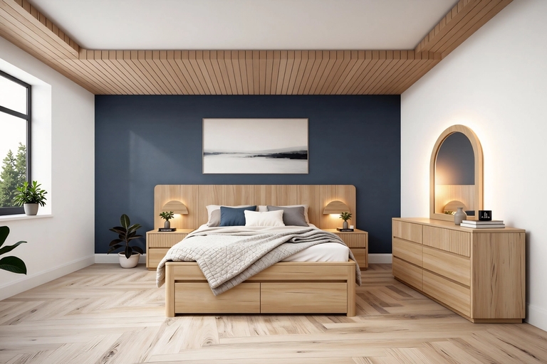Norfolk Bed in Tasmanian oak-look veneer, front angle showing low frame, panelled headboard and neatly dressed bedding