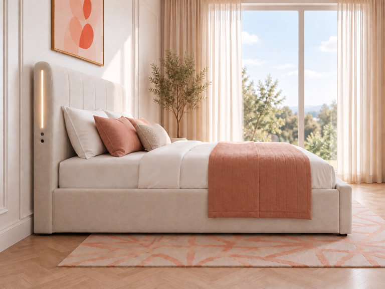 A modern bedroom with an upholstered bed featuring an integrated LED headboard, white and peach bedding, and a large window overlooking a natural landscape.