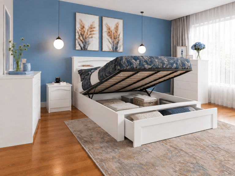 A white storage bed with its mattress lifted to show under-bed storage and a drawer pulled out, revealing linens and pillows, in a blue bedroom.