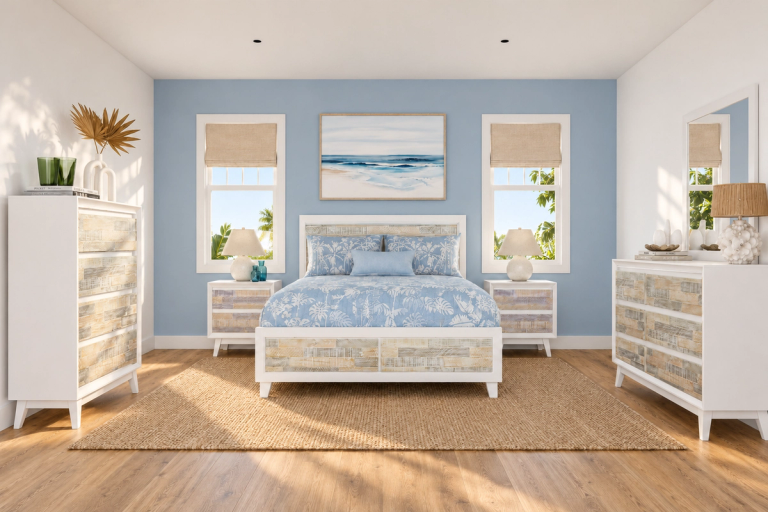 A bright coastal bedroom featuring a white and light wood bed, matching dressers and nightstands, blue bedding, a jute rug, and ocean-themed decor.