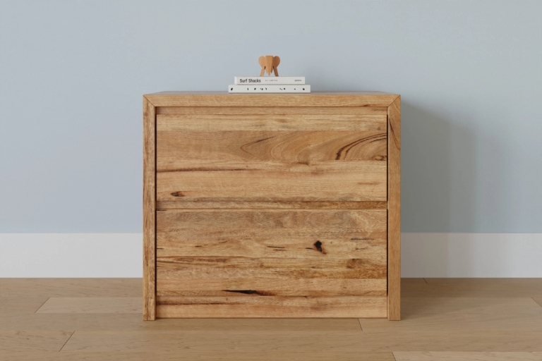 A light wood nightstand with two drawers, topped with books and a small wooden elephant, against a blue wall.