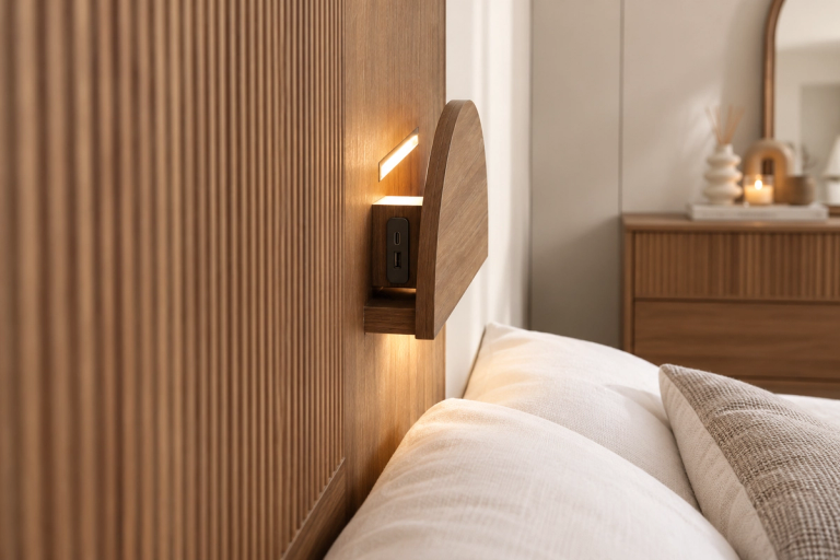 Close-up of a wooden slatted headboard with an integrated nightstand featuring a light and USB charging ports, next to a bed with white pillows.