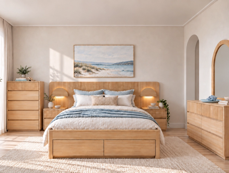 A bright bedroom with light wood furniture including a bed with storage, nightstands, a tall dresser, and a wide dresser with an arched mirror, all on a textured rug.