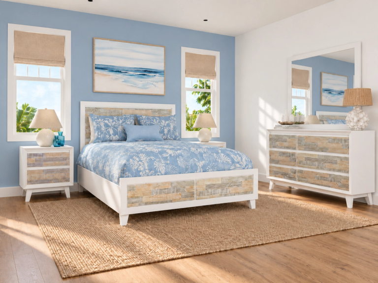 A coastal-themed bedroom with white furniture featuring distressed wood panels, blue patterned bedding, a beach painting, and a jute rug.