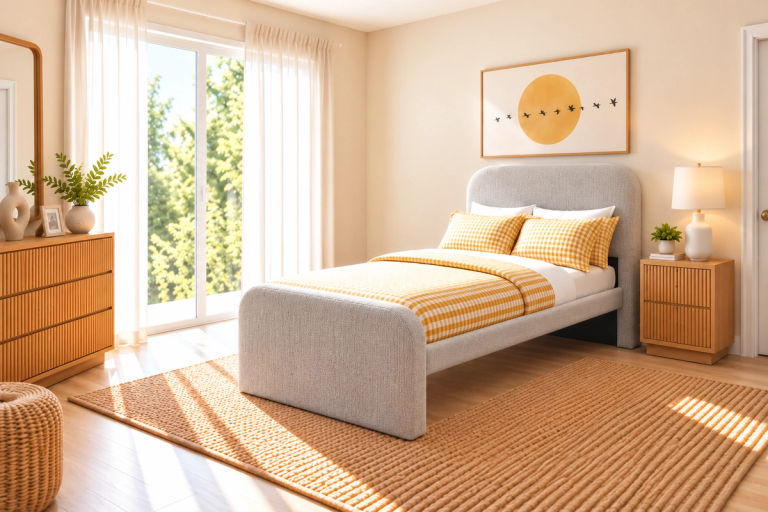 A bright bedroom with a grey bed, yellow and white bedding, wooden dresser, nightstand, and large window.