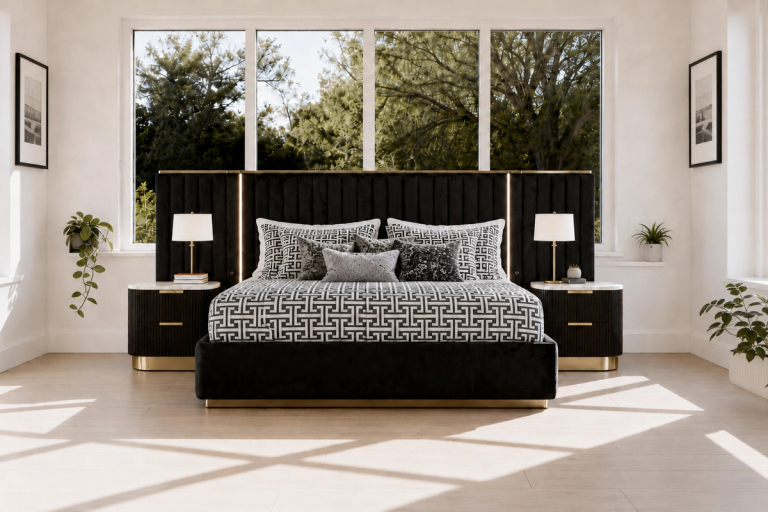 A luxurious modern bedroom with a black velvet bed, tall gold-trimmed headboard with vertical lighting, geometric bedding, and two black nightstands under a large window with trees outside.