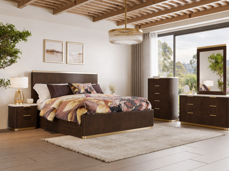 A modern bedroom with dark wood and gold furniture, marble tops, a floral duvet, a slatted wood ceiling, and a large window offering a view of lush trees.