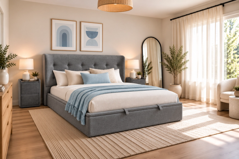 A bright, modern bedroom with a gray upholstered storage bed, light blue and cream bedding, abstract art, an arched mirror, and sheer curtains.