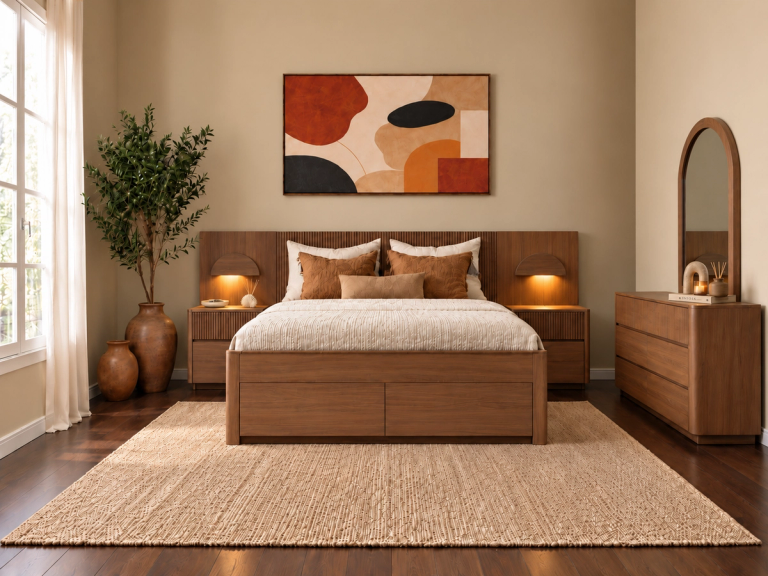 A modern bedroom with wooden furniture, abstract wall art, and a large natural rug on a dark wood floor.