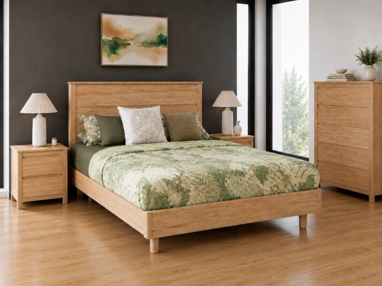 A bedroom with a natural wood bed, nightstands, and dresser, featuring green leaf-patterned bedding, and a landscape painting.