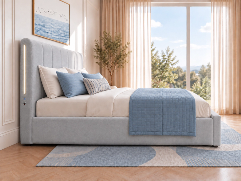 A modern bedroom with a light blue upholstered bed featuring an illuminated headboard, blue and white bedding, and a large window with a scenic outdoor view.