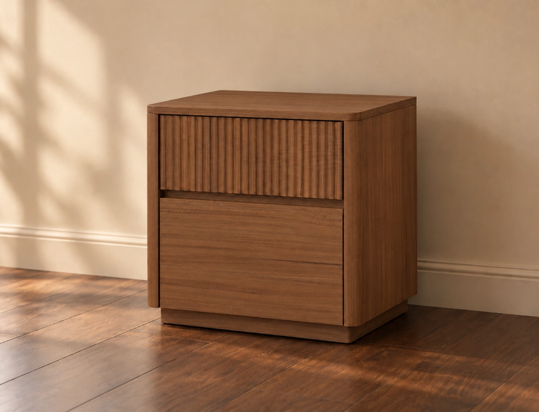 A two-drawer wooden nightstand with a fluted top drawer on a wood floor.