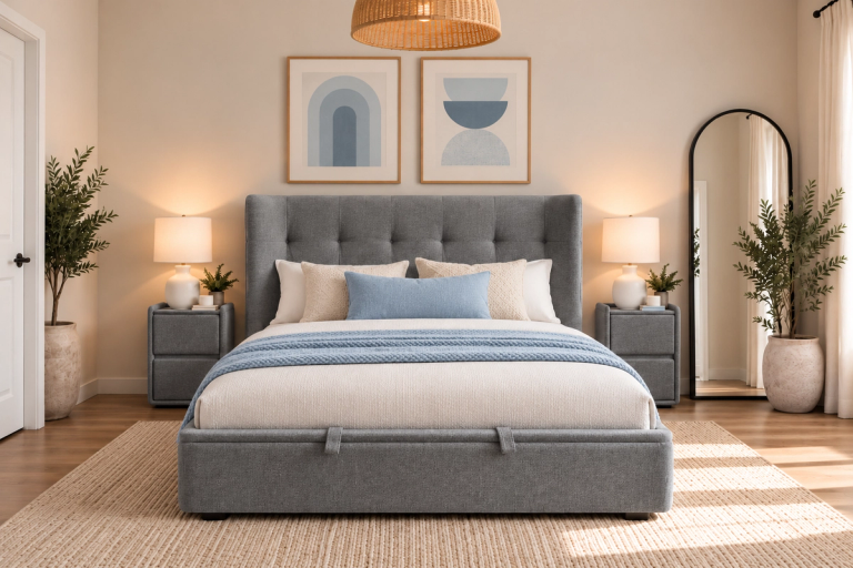 A modern bedroom featuring a gray upholstered bed with blue and cream bedding, two nightstands with lamps, abstract wall art, a tall arched mirror, and potted plants.