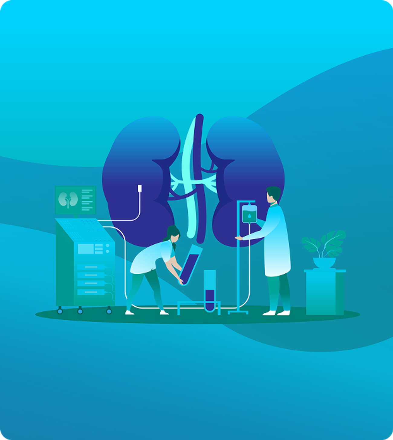 Illustration of medical staff working with kidney dialysis equipment