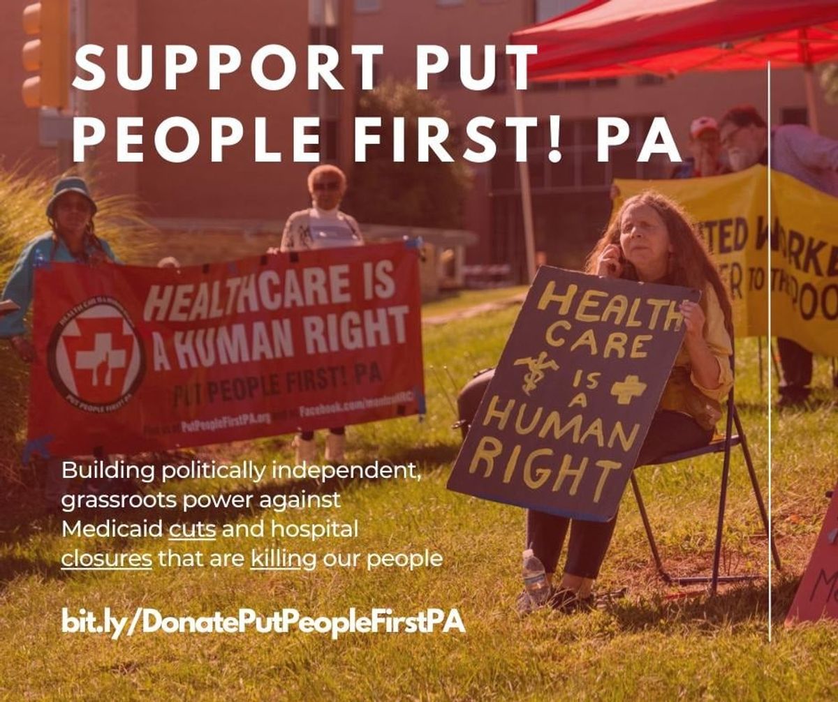 Fundraising Graphic with a person seated with a black sign that says "healthcare is a human right" and two others holding a red banner.