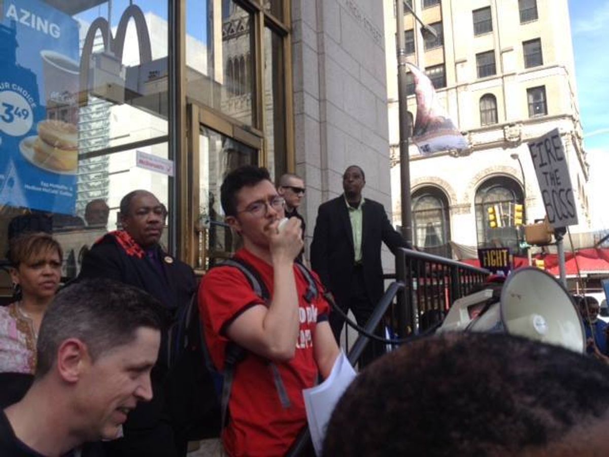 Karim speaks out at the Fight for 15 Rally in 2015.