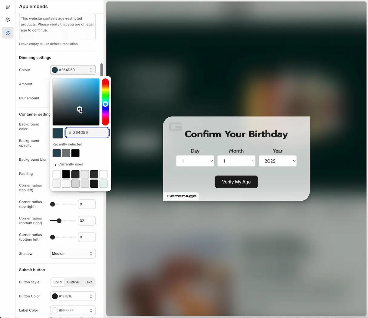 Screenshot of colour picker for storefront pop-up