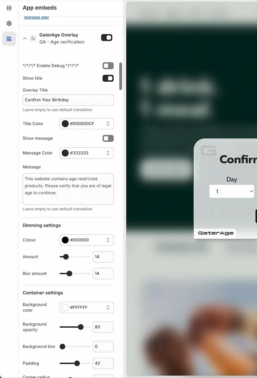 Screenshot of storefront pop-up display and controls
