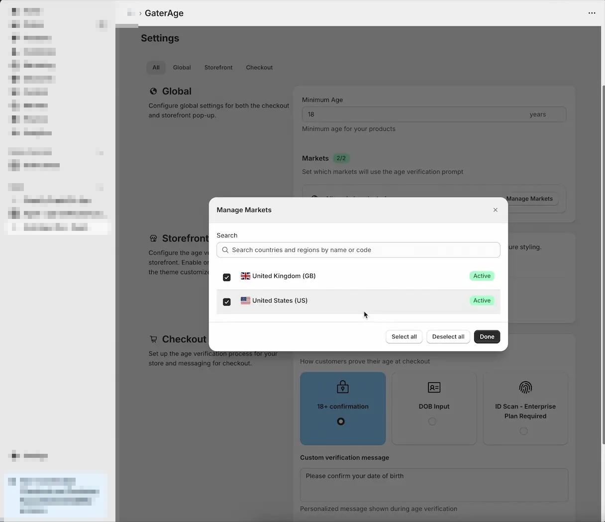Screenshot showing market-level control specificity