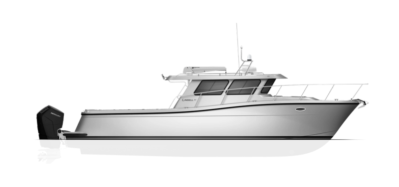 The side profile of a lindell 41 floating in water equipped with mercury engines. 
