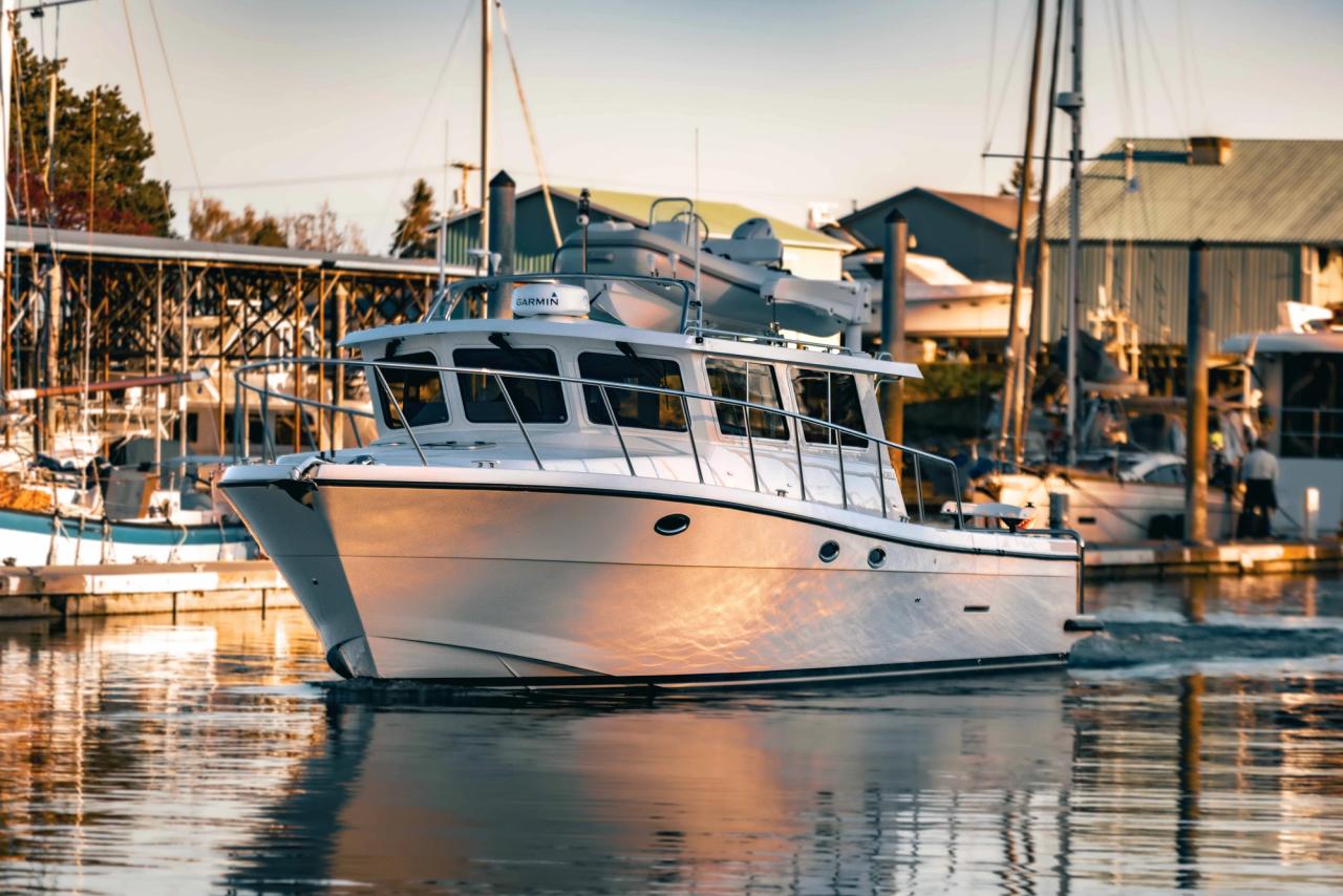 Lindell 42 idling in the marina at sunset