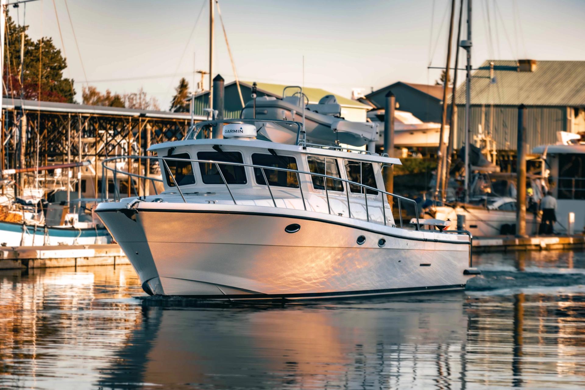 Lindell 42 idling in the marina at sunset