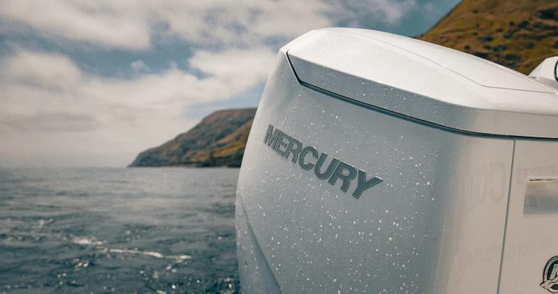 Photo of a white mercury outboard