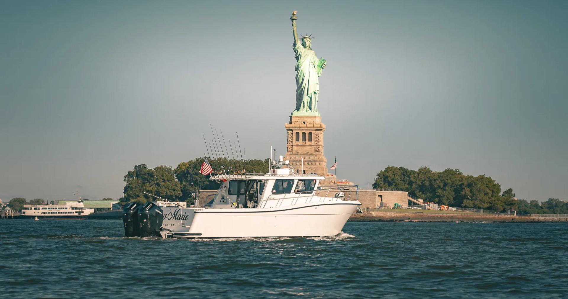 A lindell 38 infront of the statue of liberty