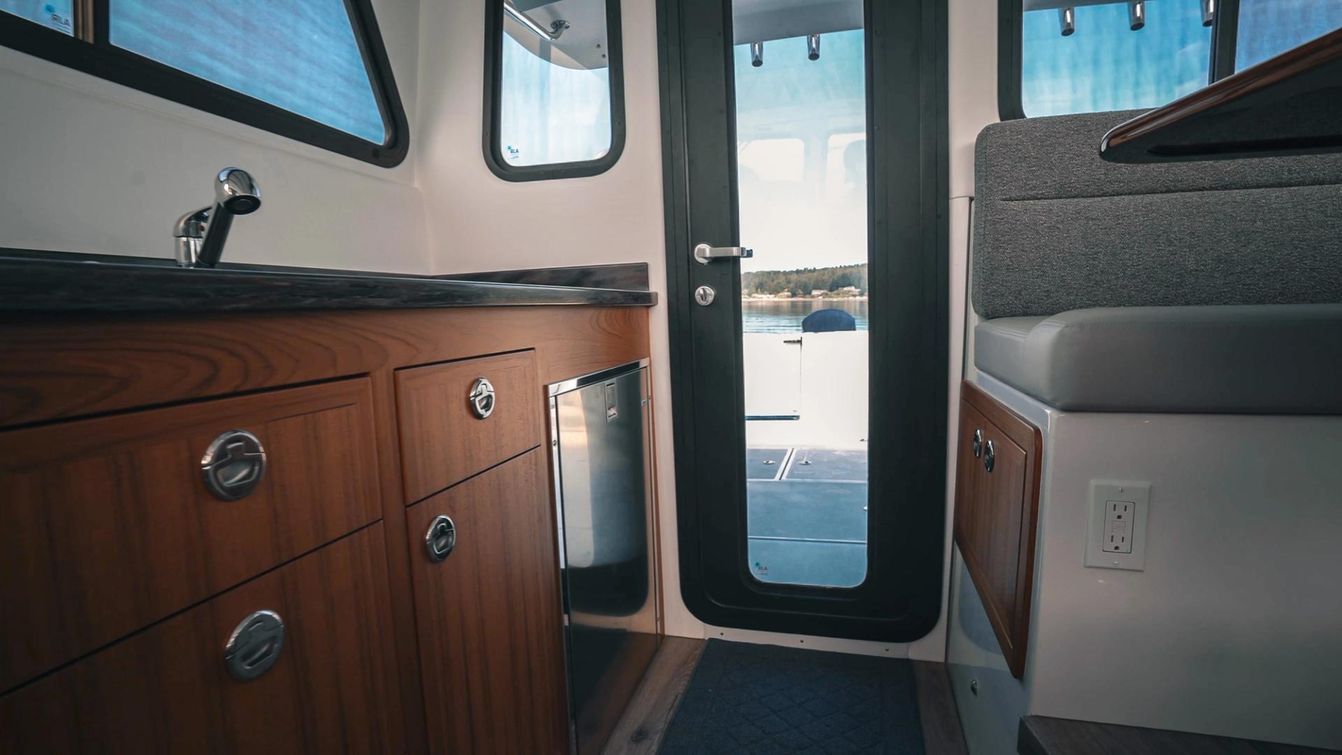 lindell 41 galley in sunlight facing toward the stern