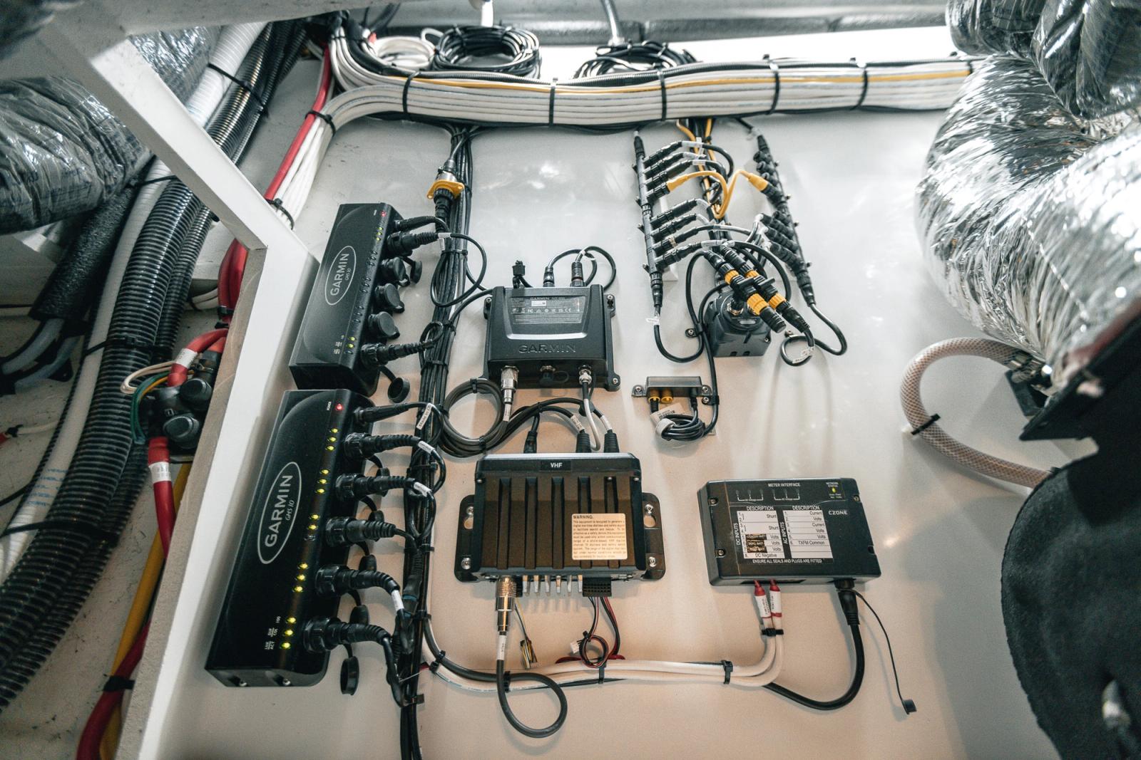 View of well-lit Lindell 38' electronics and navionics