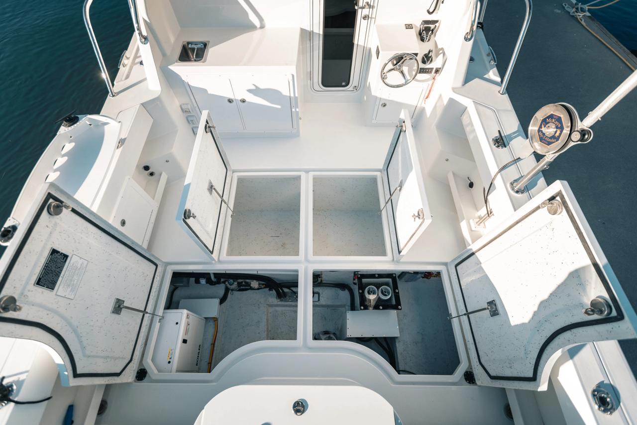 Lindell 38 cockpit hatches open to view holds